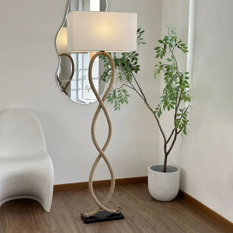 Hemp Rope Fabric Shade LED Floor Lamp for Nordic Retro Wabi Sabi Style