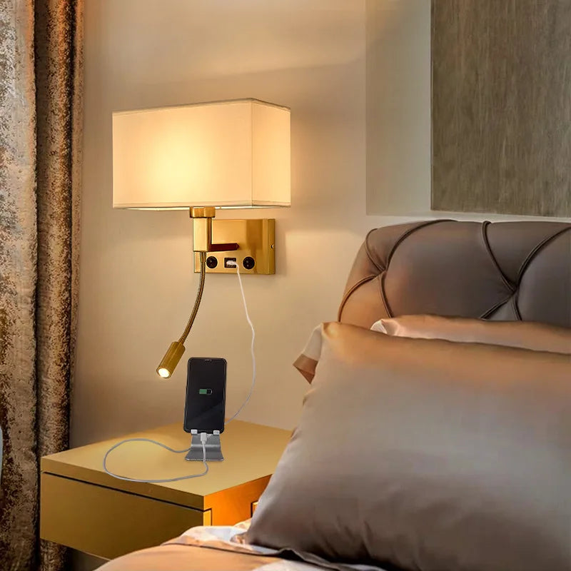 Nordic LED Bedroom Wall Light with Switch, Adjustable Hose Spotlight