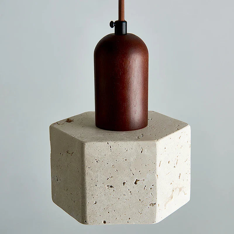 Yellow Travertine Wood Base LED Pendant Lights - Modern Adjustable Hanging Lamp