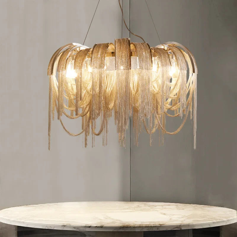 Modern E14 Pendant Lights by Afralia™: Tassel Design, Aluminium Construction, Chrome & Gold Finish