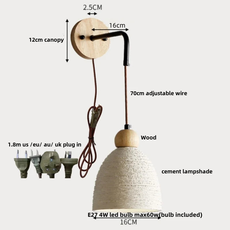 Afralia™ Nordic Cement LED Wall Lights with Pull Chain Switch - Modern Adjustable Bedside Lamp