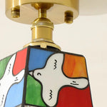 Tiffany Cube Glass LED Ceiling Lamp Copper Canopy Flush Mount Light