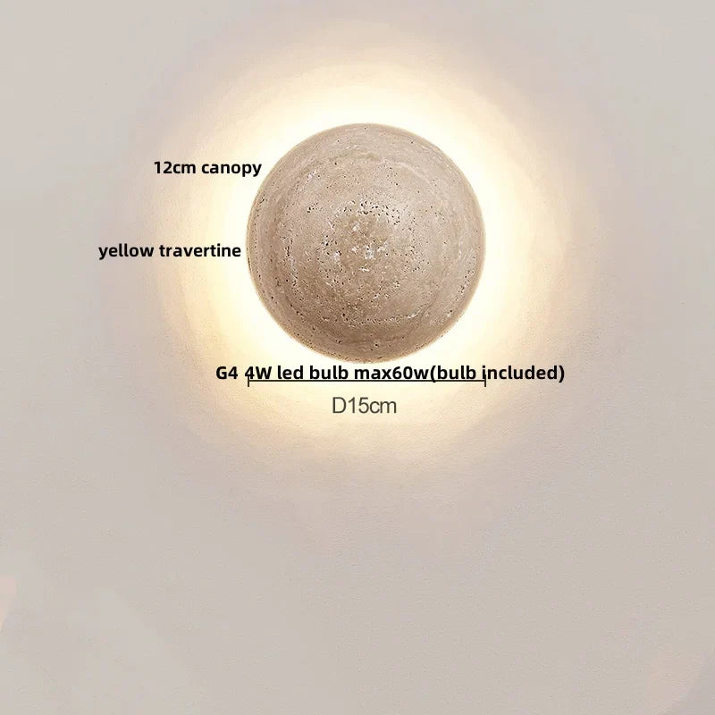 White Glass LED Wall Lights Yellow Travertine Stone Modern Disc Switch Bedside Lamp