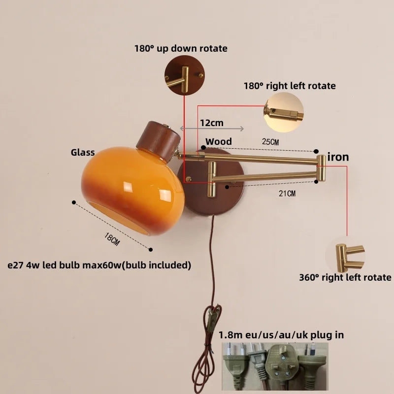 Modern Wood Wall Light with Swing Arm, Rotatable Design & Pull Chain Switch