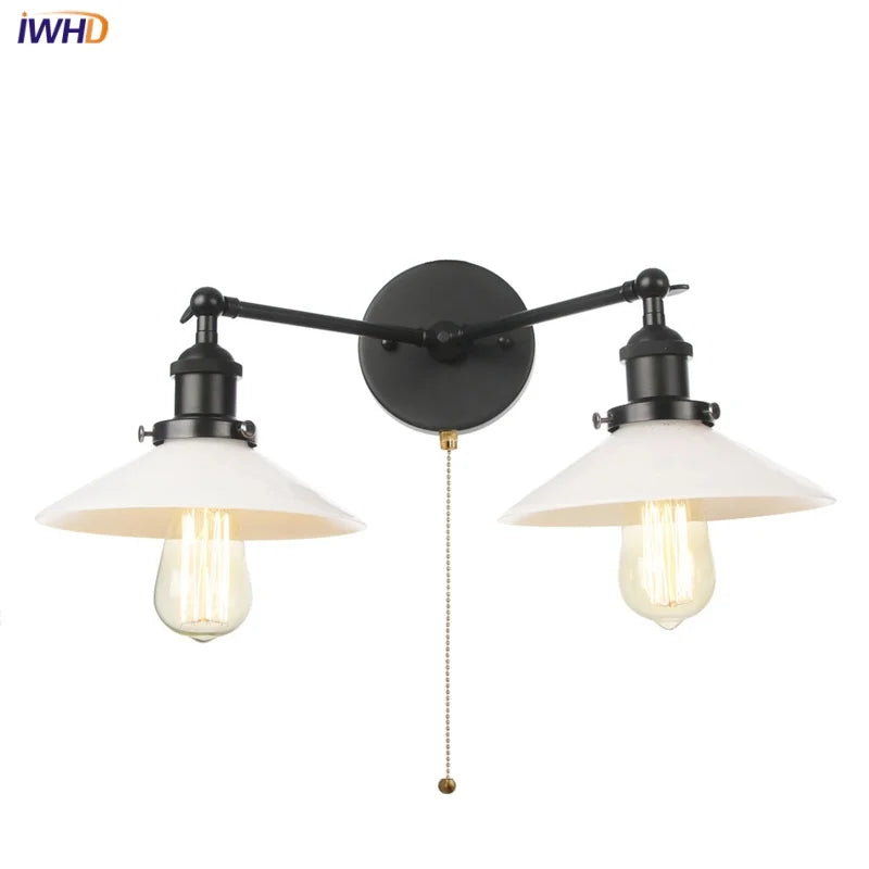 Industrial LED Wall Light Fixture with Pull Chain Switch, 2 Heads Bedside Lamp