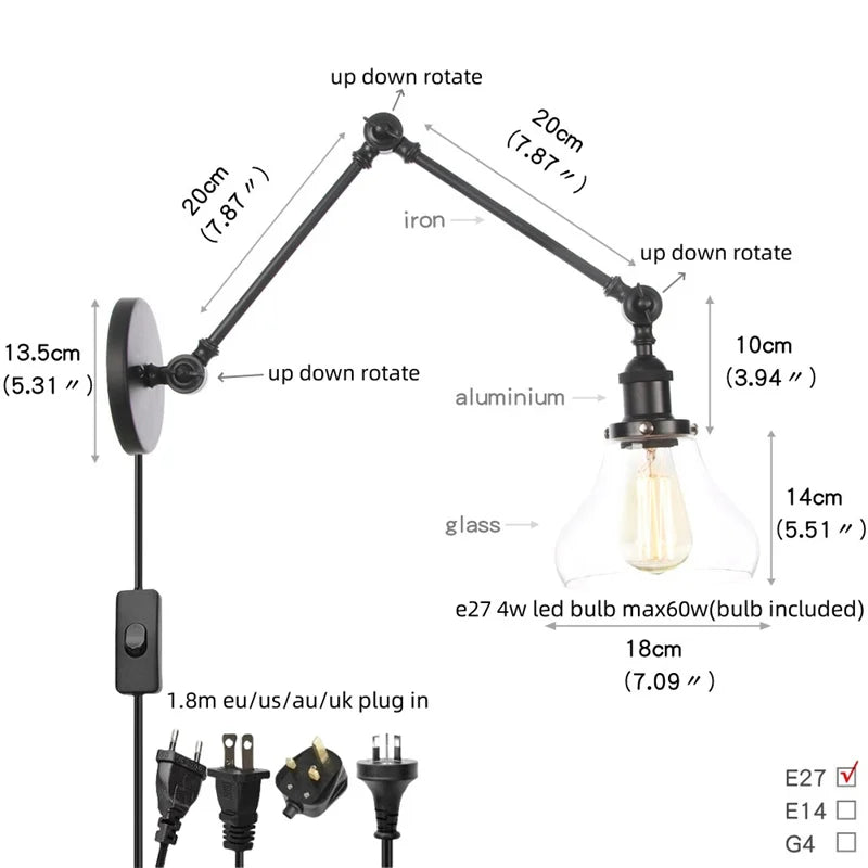 Clear Glass Swing Arm Wall Light Fixture for Dining Living Room Cafe