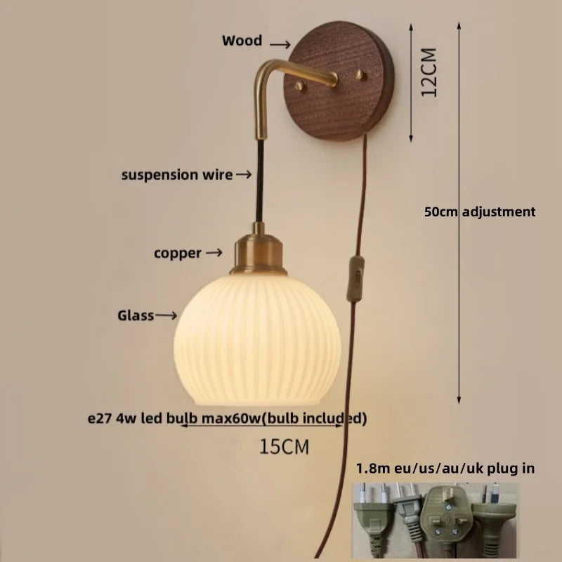 Wood LED Wall Lamp with Pull Chain Switch for Living Room, Dining Room, Bathroom