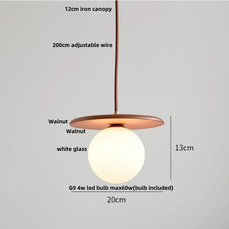 Nordic LED Pendant Lights Walnut Wood Glass Kitchen Hanging Lamp