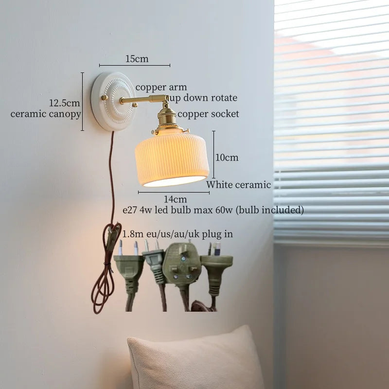 Afralia™ Copper Ceramic LED Wall Light with Pull Chain Switch for Living Room Decor.