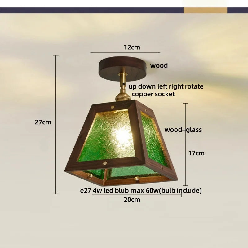 Vintage Wood & Copper Rotatable Ceiling Light - Amber Glass LED Fixture