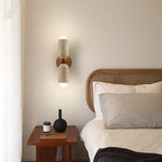 LED Wall Light Fixture Travertine Stone Wood Canopy Bedside Lamp