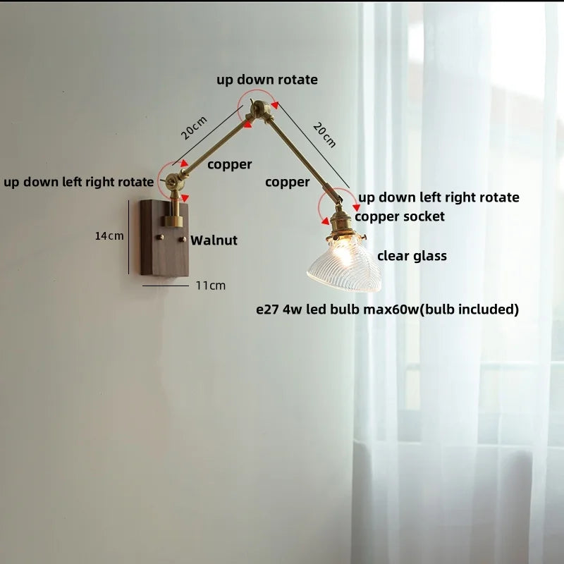 Walnut Copper Swing Arm LED Wall Light Fixture for Nodic Home Decor