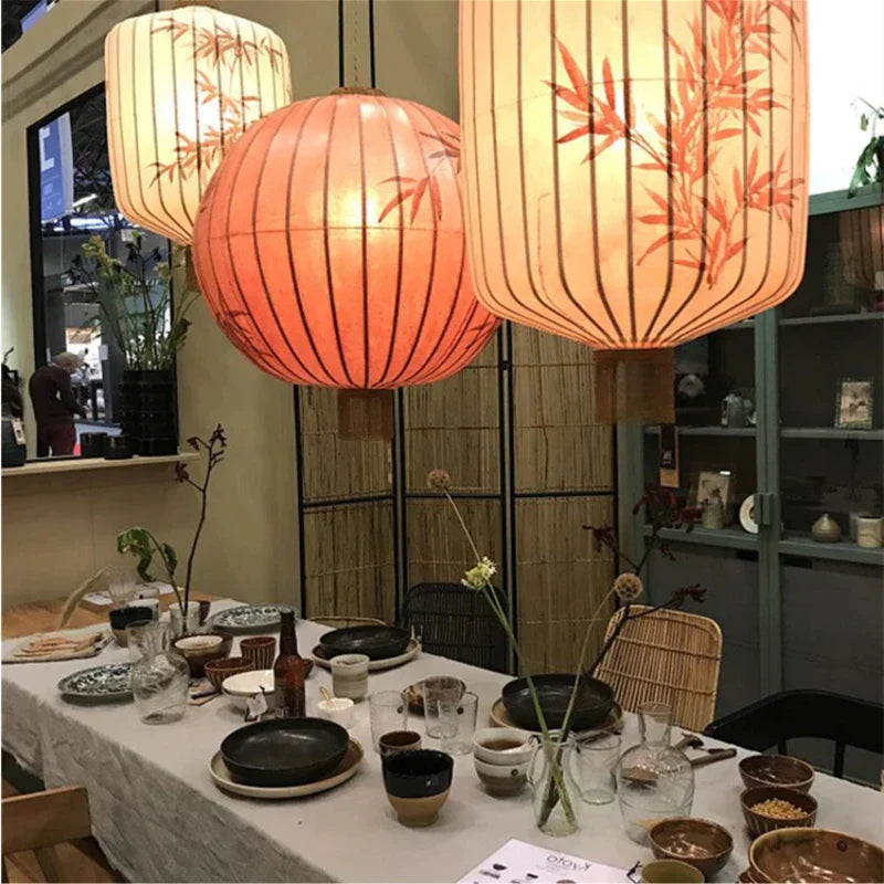 Handmade Japanese Lantern Painting Pendant Lamp Fabric Chandelier