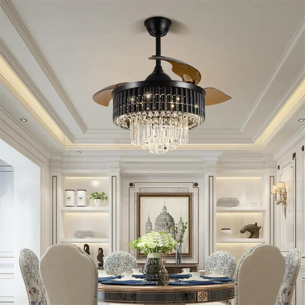 Crystal Fandelier Ceiling Fan with Retractable Chandelier & Invisible Blades
