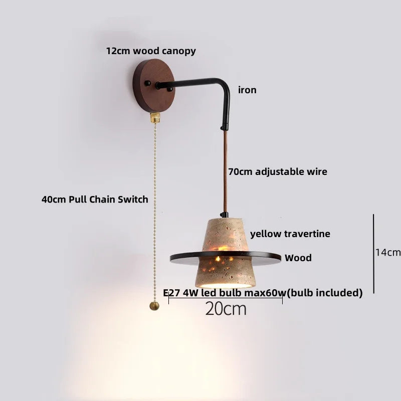 Yellow Travertine LED Wall Lamp Pull Chain Switch Stone Wood Modern Light