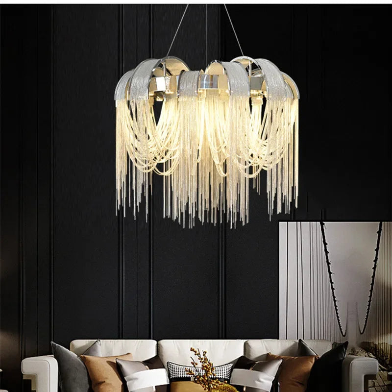 Modern E14 Pendant Lights by Afralia™: Tassel Design, Aluminium Construction, Chrome & Gold Finish