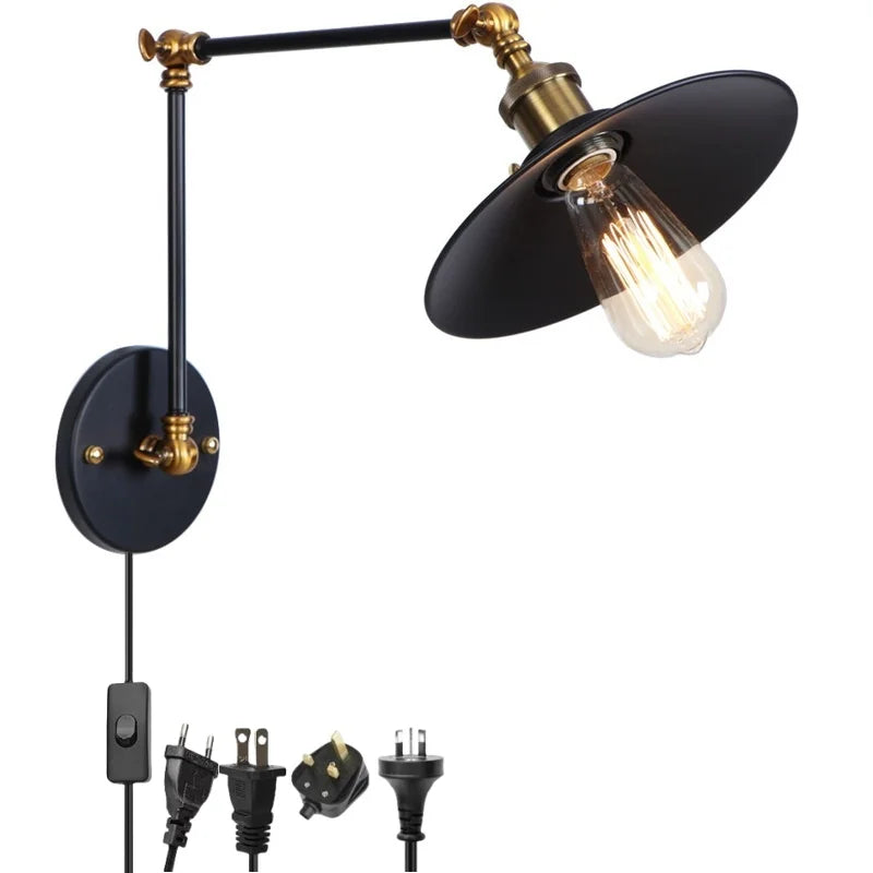 Black Iron LED Wall Light Fixture Industrial Vintage Adjustable Long Arm
