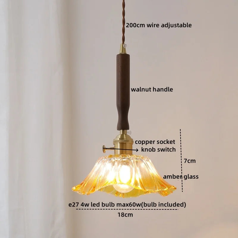 Walnut Glass Pendant Lamp: Nordic LED Hanging Light Fixture for Dining Room, Bedroom, Bar