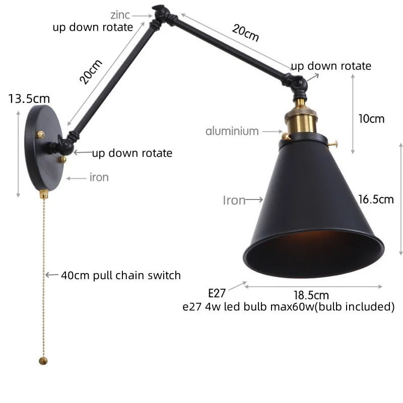 Vintage Iron Gold LED Wall Lamp with Long Arm and Pull Chain Switch