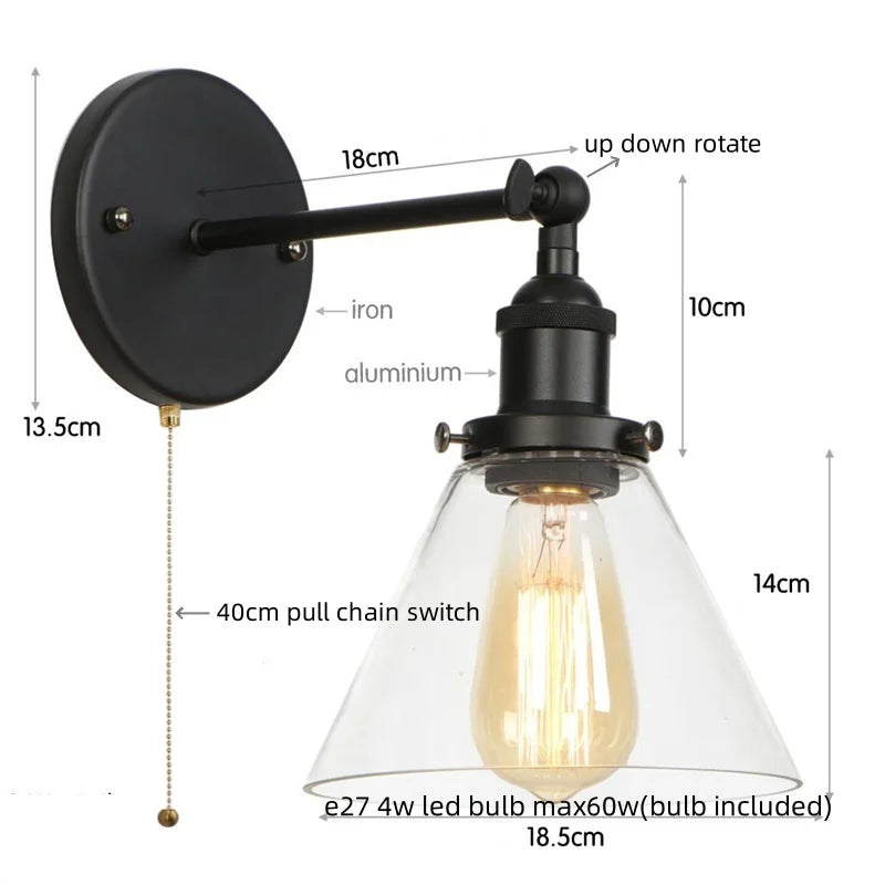 Loft LED Wall Lamp Vintage Pull Chain Switch Iron Bathroom Light