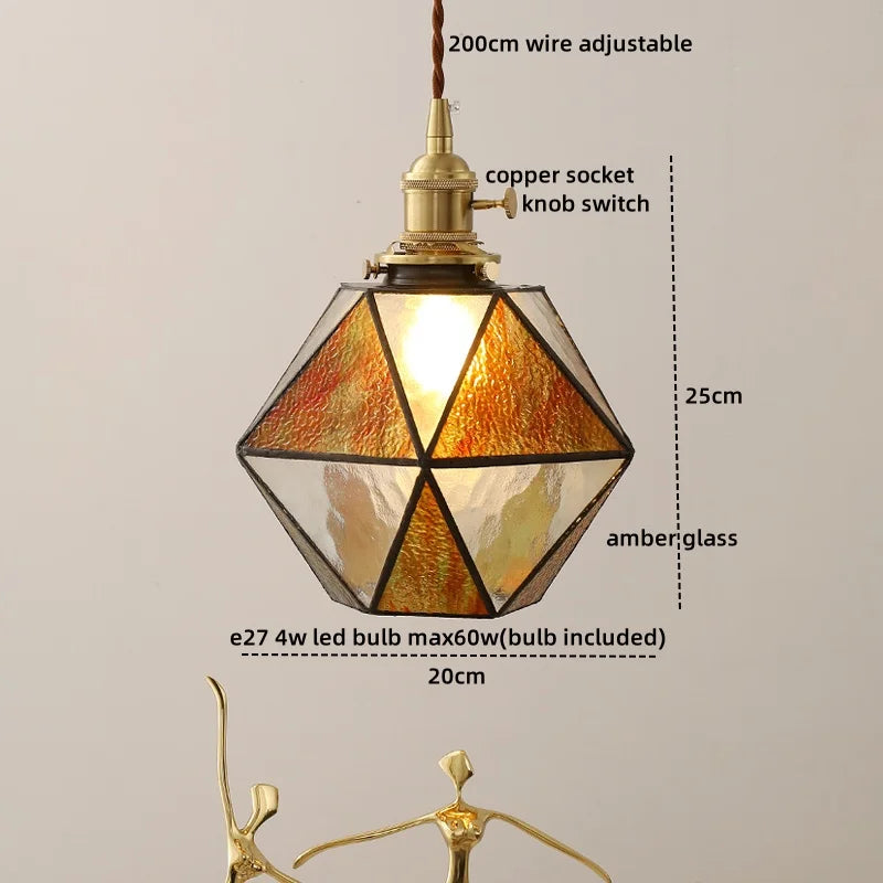 Amber Glass LED Pendant Light - Nordic Modern Copper Suspension Luminaire for Home