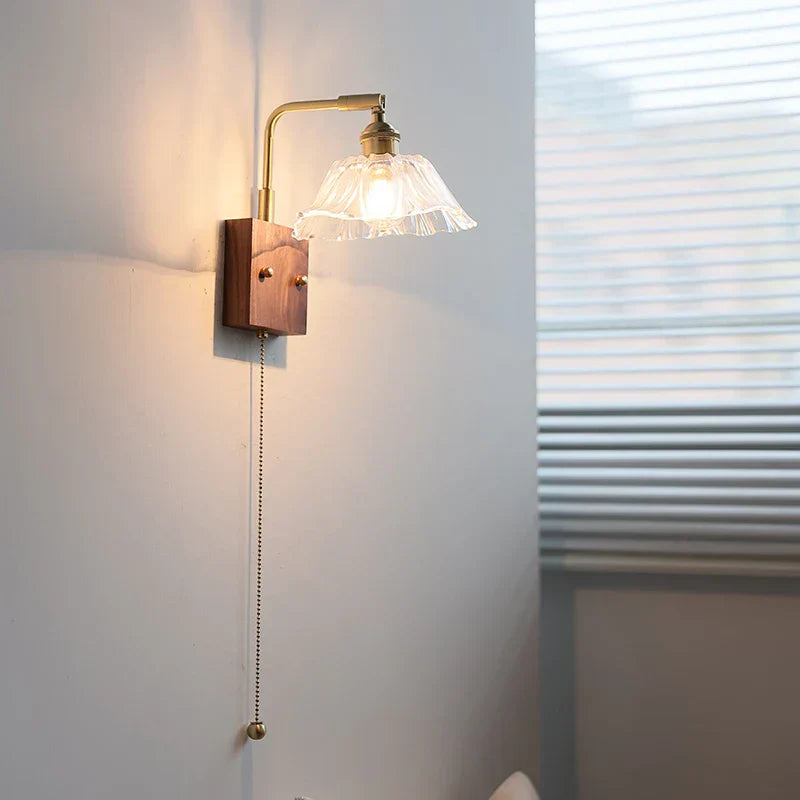 Walnut Glass LED Wall Light: Modern Brass Rotatable Bedside Lamp