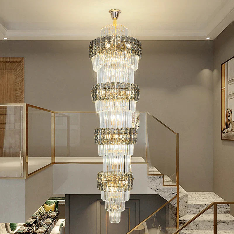 Elegant Crystal Hollow Long Chandelier for Duplex Living Room and Stairwell