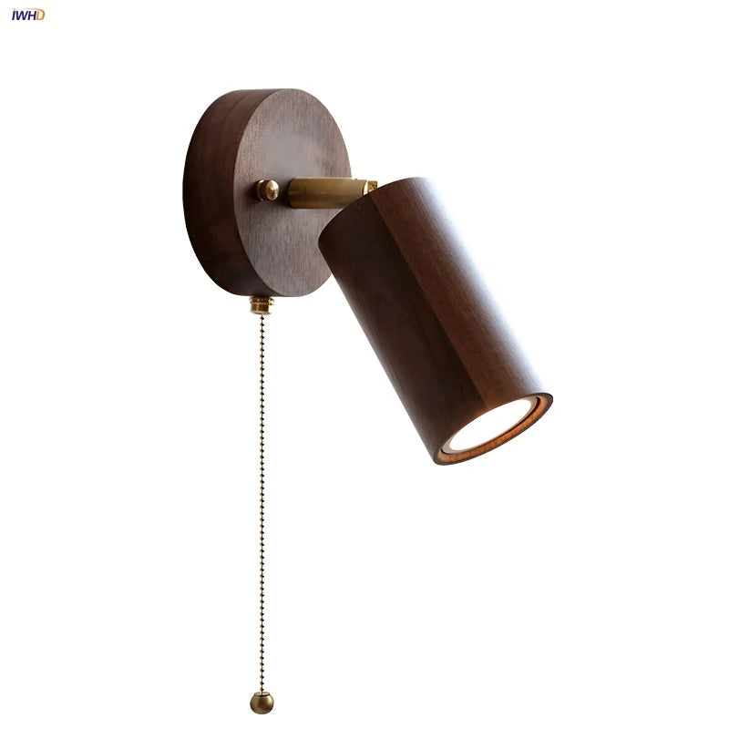 Nordic LED Wall Lamp Rotate Walnut Pull Chain Switch Mirror Light