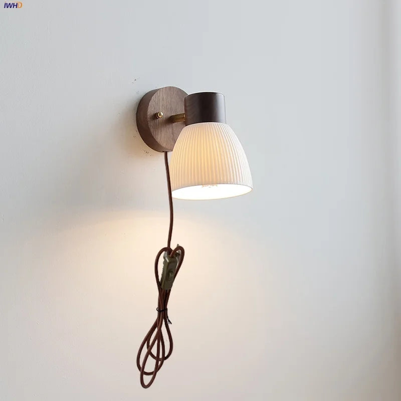 LED Wall Light Fixture Modern Nordic Rotating Reading Lamp White Ceramic Wood
