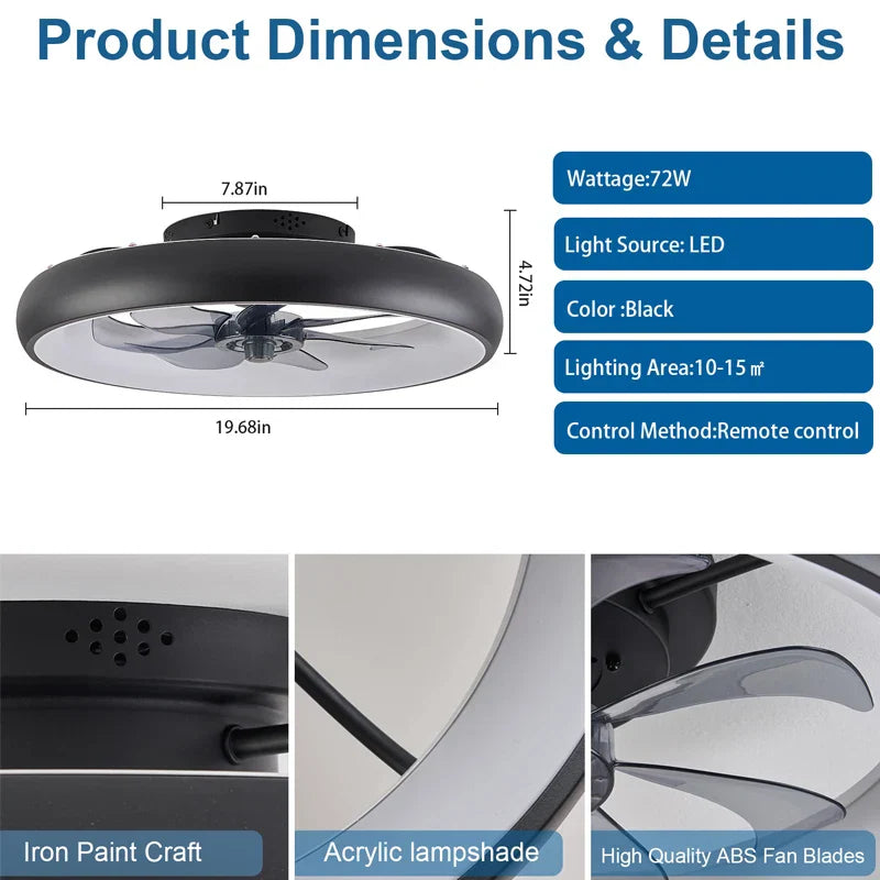 Modern Black LED Ceiling Fan Remote Chandelier with 6 Speeds & Timer