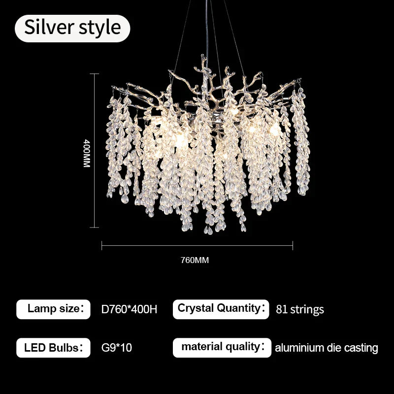 Grape Crystal Chandelier Silver Gold LED Tree Branch Luxury Lighting