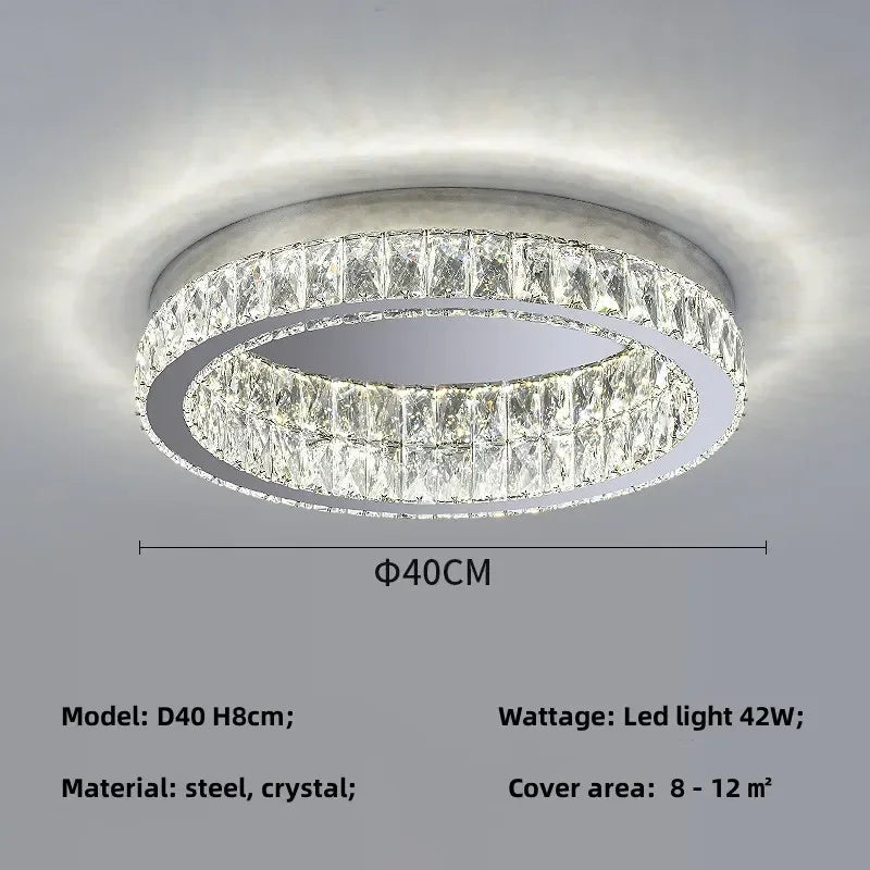 Crystal LED Ceiling Light Chrome Steel Chandelier - Dimmable Round Lamp