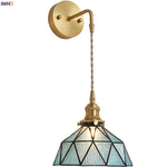 Tiffany Glass LED Wall Lamp Pull Chain Switch Vintage Copper Wall Lights