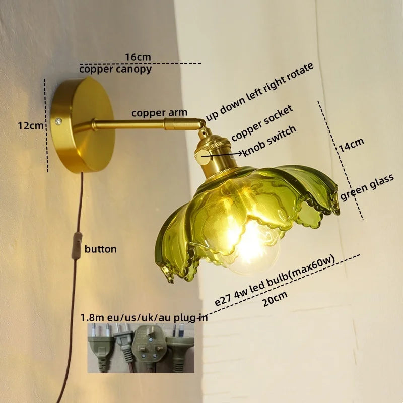 Nordic LED Wall Lights Pull Chain Switch Copper Glass Home Decor