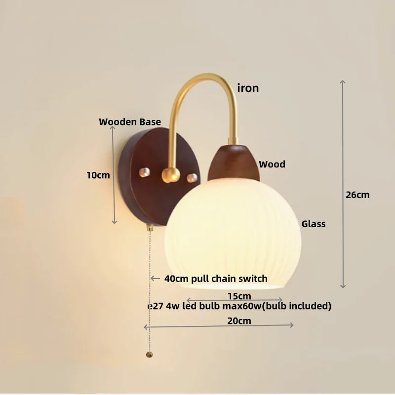 Wood Canopy LED Wall Light with Pull Chain Switch for Bar, Bedroom & Restaurant