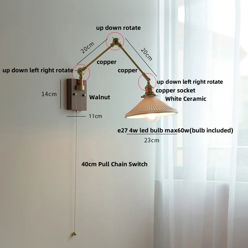 White Ceramic LED Wall Light Nordic Modern Copper Rotatable Bedside Lamp