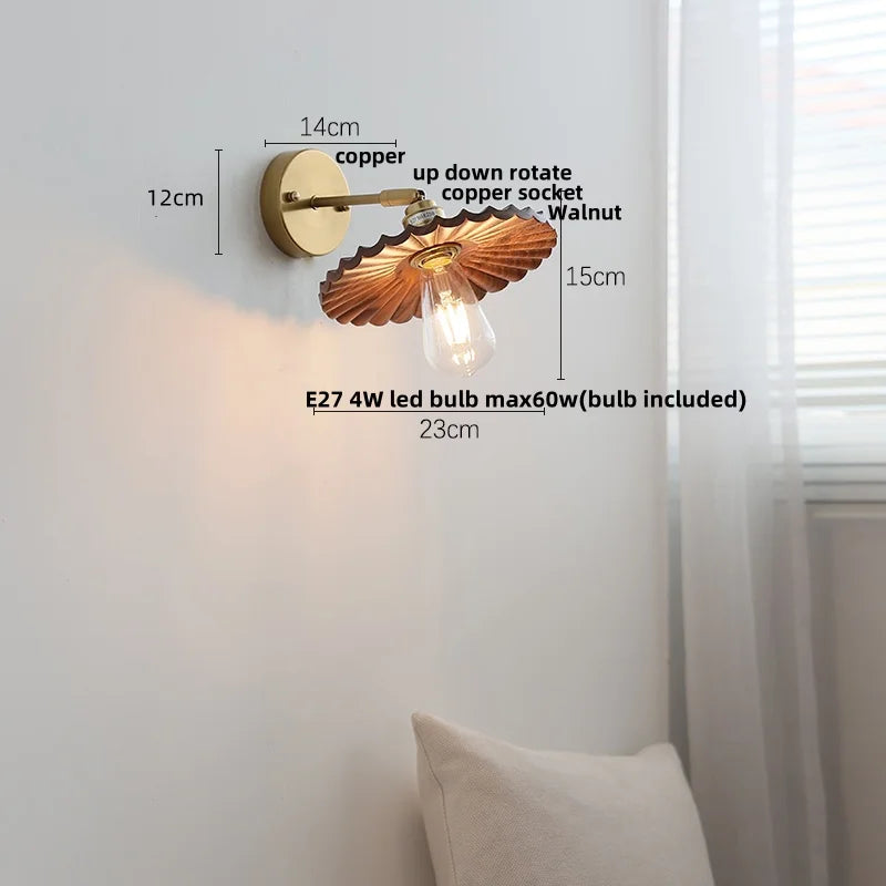 Walnut Wood LED Wall Light Fixture with Pull Chain Switch, Rotating Up Down Design
