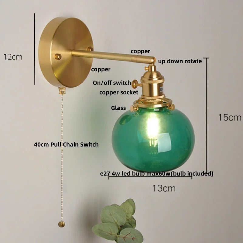 Afralia™ Vintage Blue Glass LED Wall Lamp, Pull Chain Switch, Stair Light Fixtures