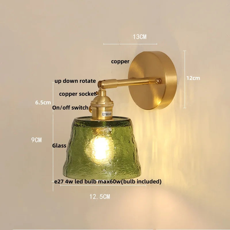 Afralia™ Green Glass LED Wall Lights Pull Chain Switch Vintage Style Bedside Lamp
