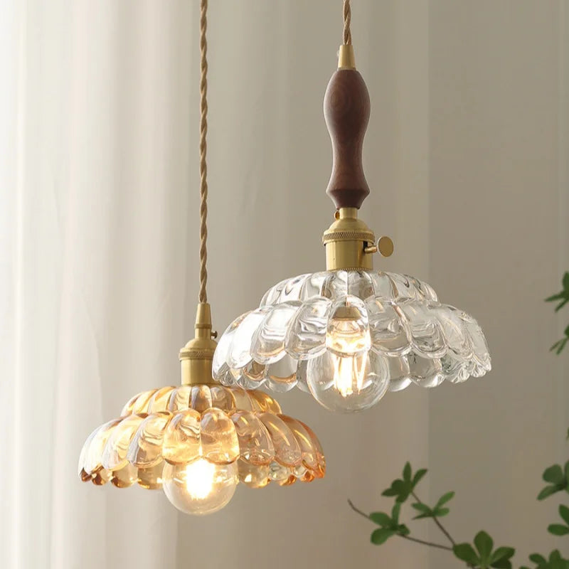 Amber Glass Walnut Wood LED Pendant Lamp with Copper Knob Switch