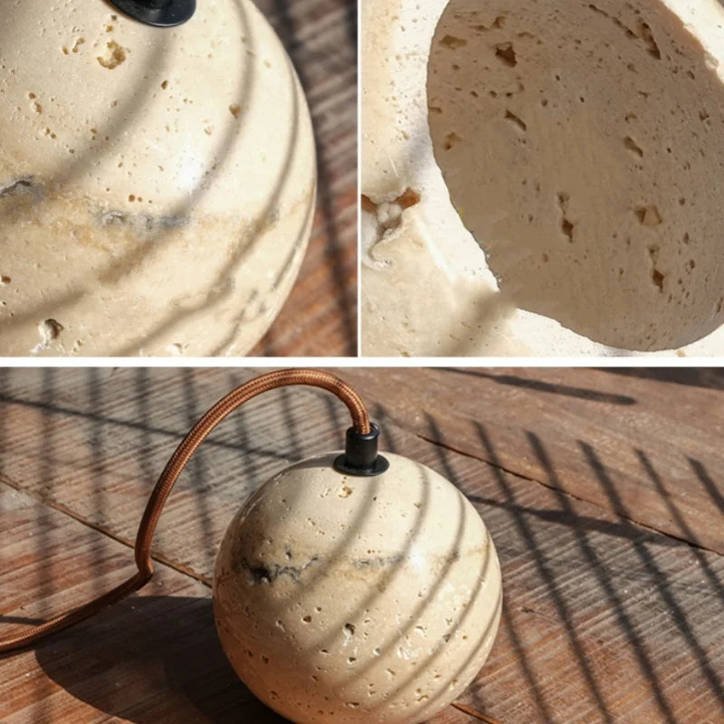 Yellow Travertine Wood Canopy Pendant Lights - Japanese Style Adjustable Globe LED Hang Lamp