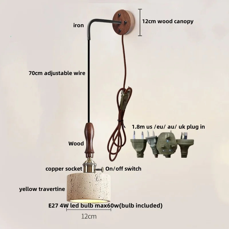 Modern Copper LED Wall Light with Pull Chain Switch & Yellow Travertine Stone