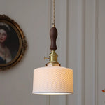 Walnut Wood LED Pendant Lights with Ceramic Accent & Copper Knob Switch