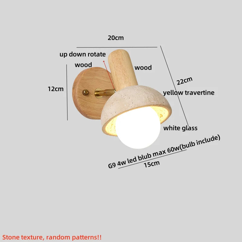 Yellow Travertine LED Wall Lights with Pull Chain Switch, Modern Rotate Bedside Lamp