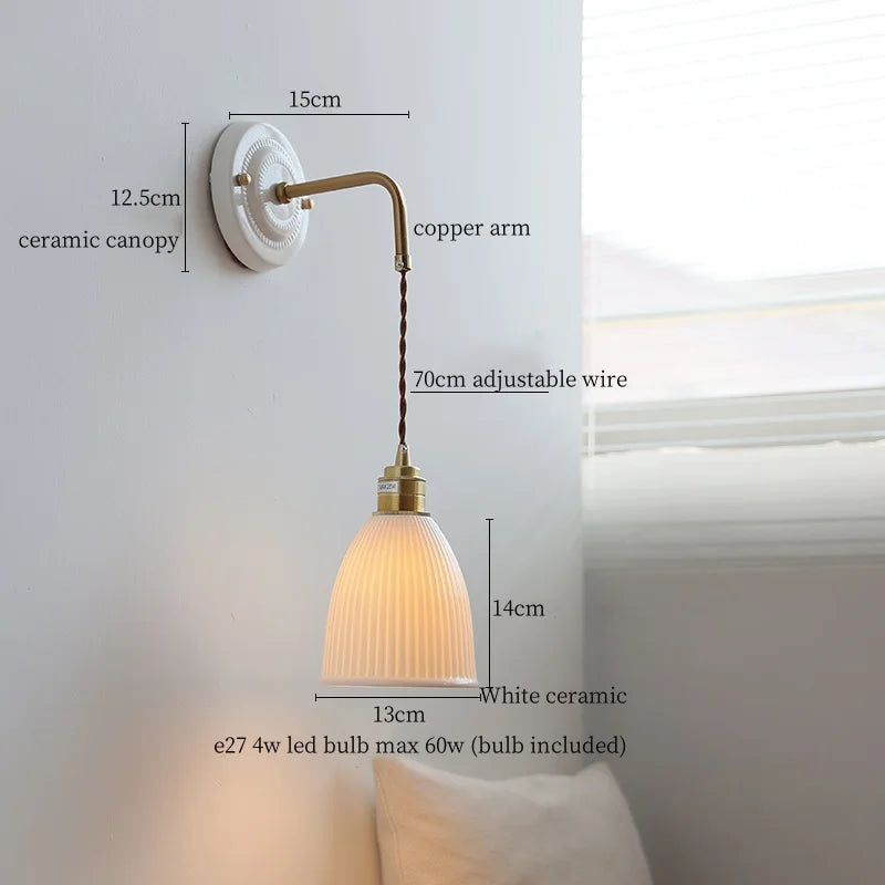 Afralia™ Copper Ceramic LED Wall Light with Pull Chain Switch for Living Room Decor.
