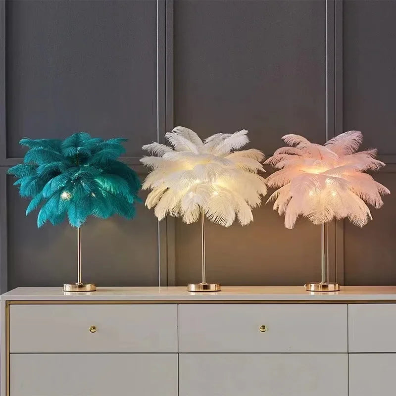 Nordic Ostrich Feather Table Lamp: Romantic Pink White Bedside Wedding Light