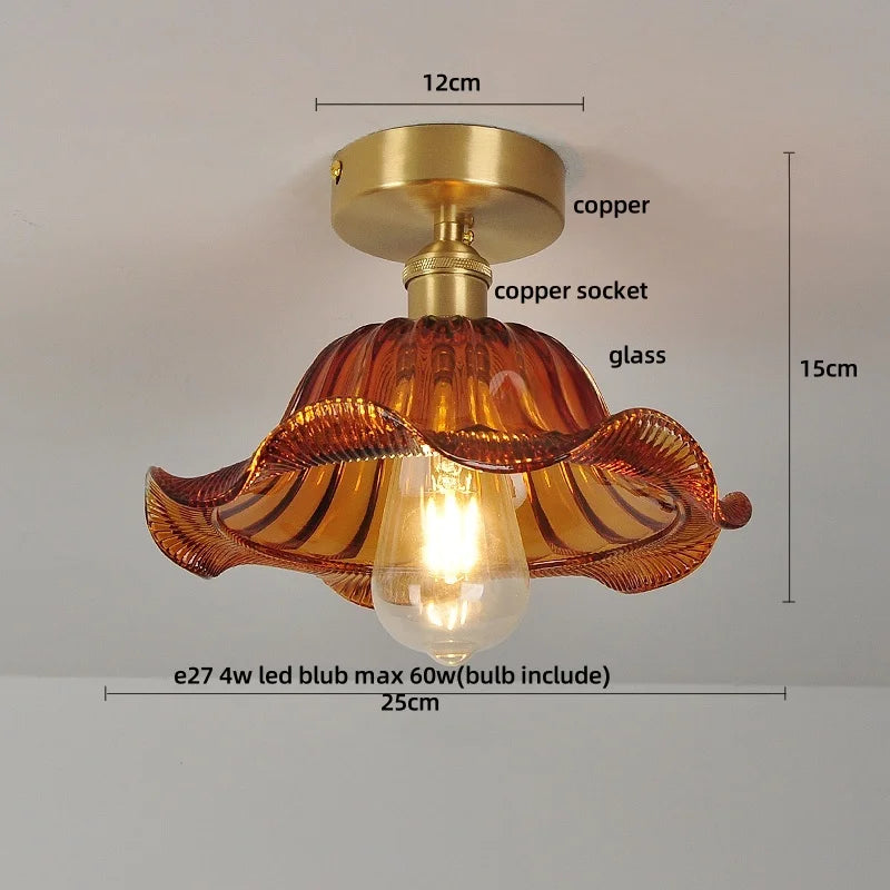 Pale Yellow Glass Wood LED Ceiling Lights Flush Mounted Round Nordic Modern