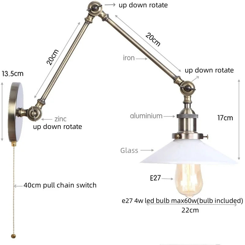 Vintage Industrial LED Wall Light with Clear Glass Shade & Adjustable Long Arm