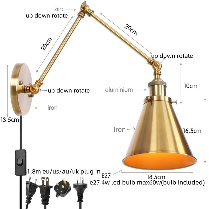 Vintage Iron Gold LED Wall Lamp with Long Arm and Pull Chain Switch