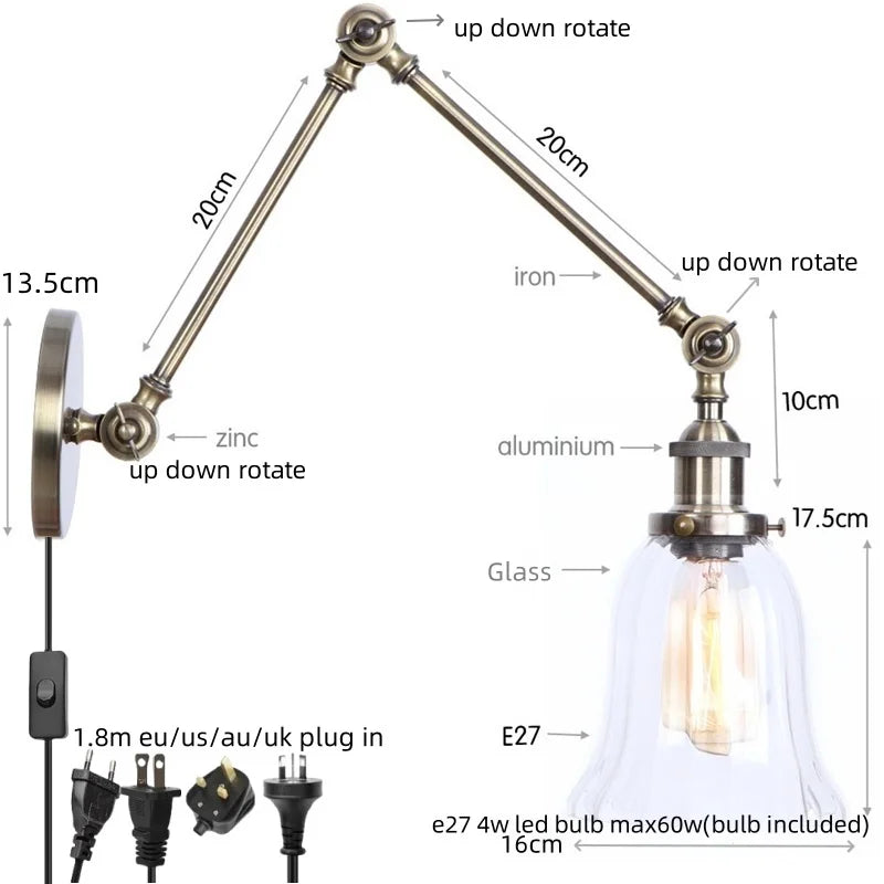 Vintage Clear Glass LED Wall Lamp, Industrial Pull Chain Switch, Adjustable Light Fixtures